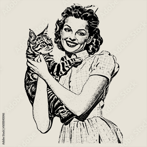Retro 1950s style illustration of a smiling woman holding a cat. Vintage housewife character with a pet in a classic pop art or screenprint design.