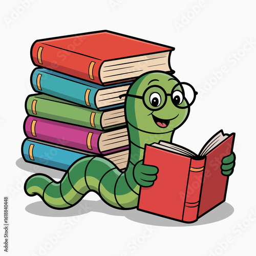 Cute Cartoon Bookworm Reading with Colorful Books