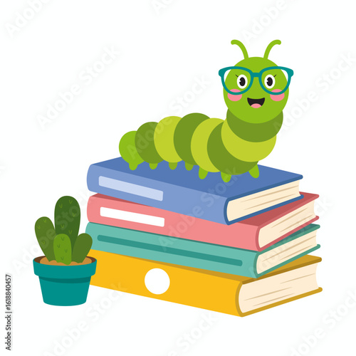 Cute Caterpillar on Colorful Books with Plant