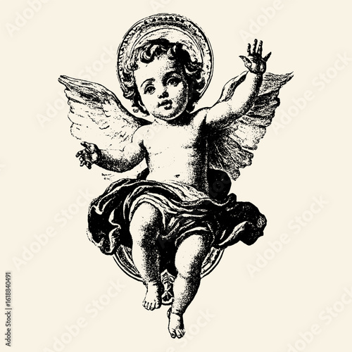 Vintage illustration of a cherub or angel. Renaissance or Baroque style cupid with wings and a halo. Classic religious or mythological art.