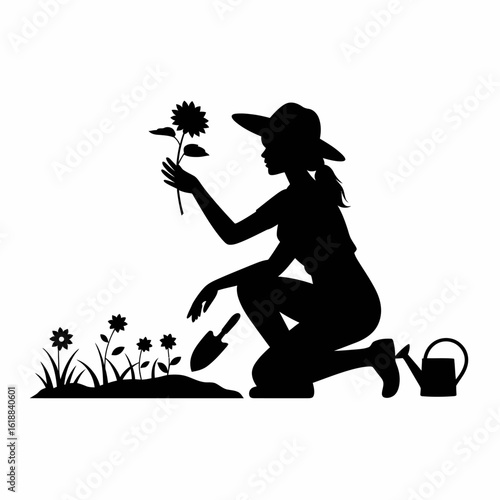 Gardening Woman Silhouette with Flowers and Tools