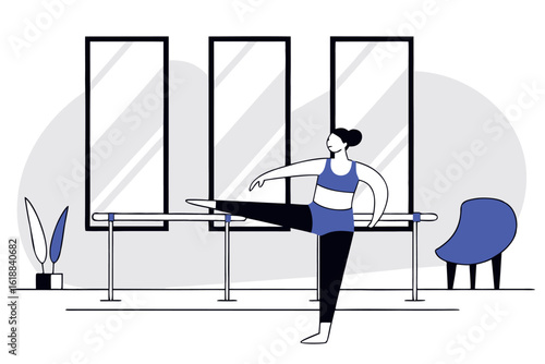 Ballerina in rehearsal pose at wooden barre, dance studio vector art with mirror reflection details