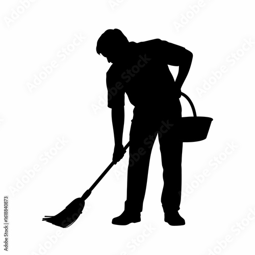Housekeeper Silhouette with Broom and Bucket