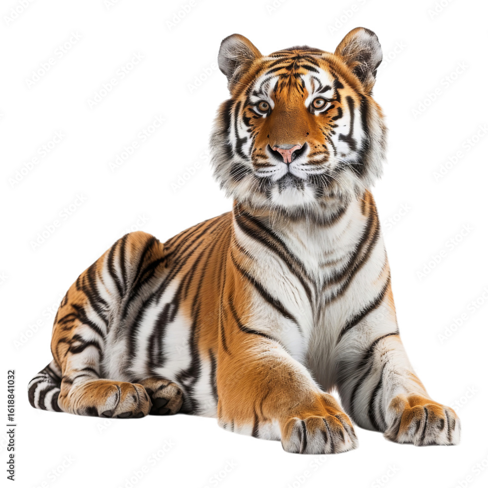 Obraz premium Majestic Bengal tiger lounging gracefully, showcasing its vibrant orange coat and striking black stripes.