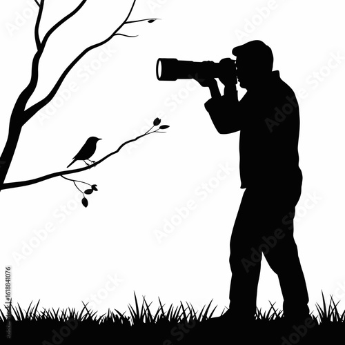 Photographer Silhouette Capturing Bird on Branch