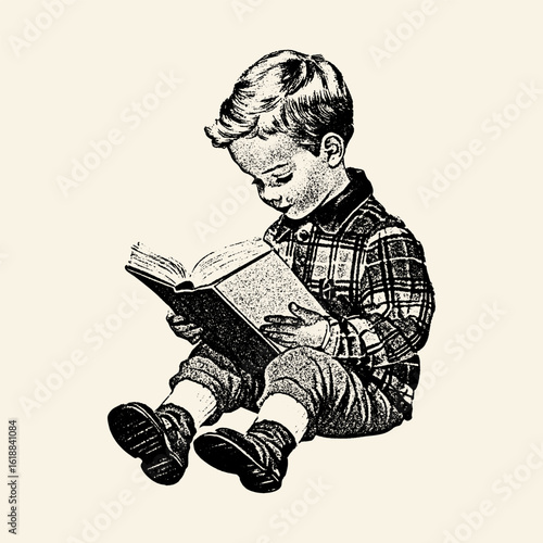 Vintage illustration of a little boy sitting on the floor reading a book. Sweet, nostalgic character from a classic mid-century storybook.