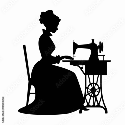Silhouette of a Woman Sewing at a Vintage Machine