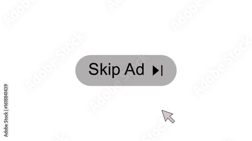 Skip ad button black and white animation. Skip advertisement click or pointer animation on white background. 4k