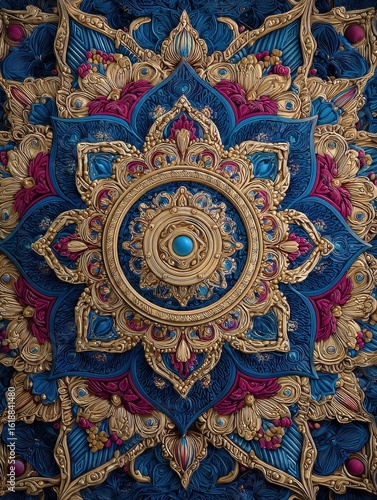 Wallpaper Mural Intricate mandala design with blue, gold, and red hues, showcasing symmetrical patterns and ornate details. Torontodigital.ca