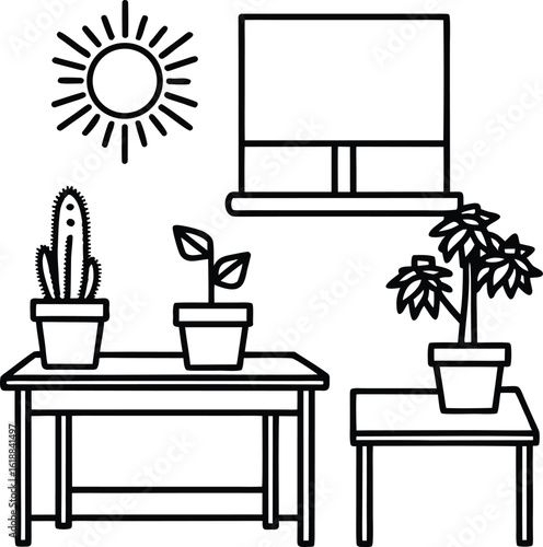 classroom with teacher's desk plants and sunlight