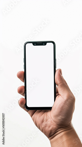 Male hand holding a smartphone with a white screen on a white background