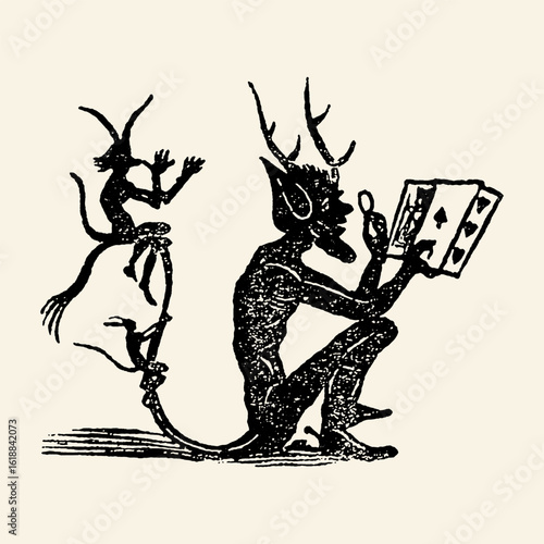 Silhouette of two devils or demons playing cards. Vintage medieval or folk art style illustration. Symbol of temptation, gambling, and mischief.