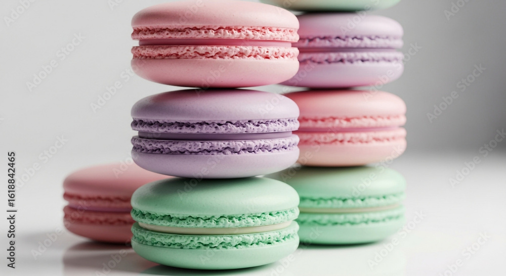 Fototapeta premium Vibrantly Stacked Colorful Macarons Delicious Pastel-Toned French Confectionery Treats, Perfect for Gourmet Dessert Experiences.