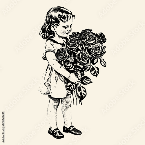 Vintage illustration of a little girl holding a large bouquet of roses. Sweet, nostalgic character perfect for greeting cards or romantic themes.