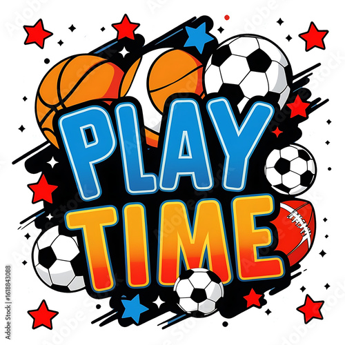 Wallpaper Mural Play Time Fun with Sports Balls and Starry Background – Vibrant Recreation Illustration Torontodigital.ca