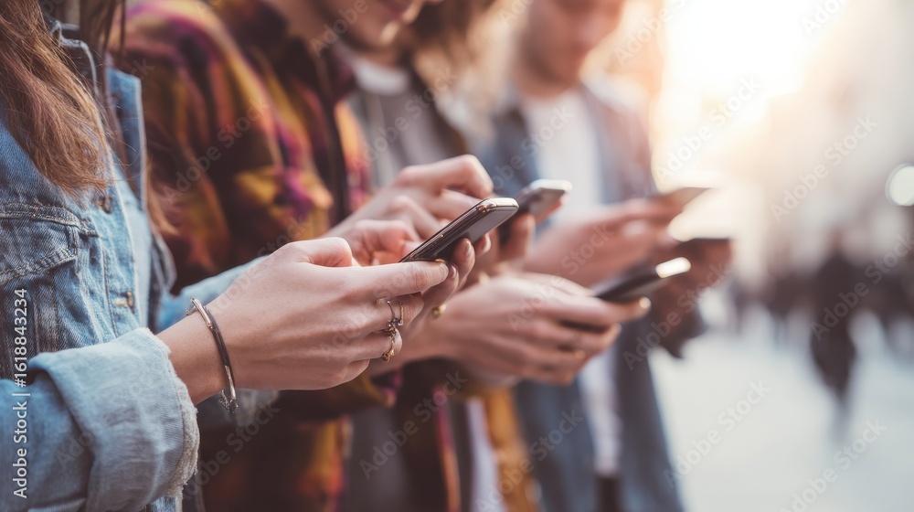 Obraz premium Group of friends having fun together with smartphones - Closeup of hands social networking with mobile cellphones - Technology and phone addiction concept - Soft focus on the left bottom hand, no log