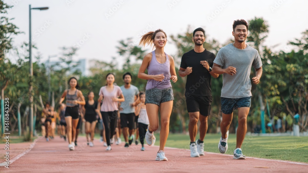 Obraz premium Healthy group of people jogging on track in park. Happy couple enjoying friend time at jogging park while running. Mature friends running together outdoor., no logos, no brands