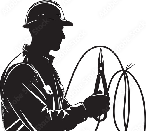 Electrician with pliers and wire silhouette