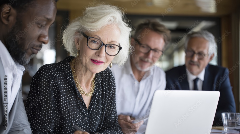 Fototapeta premium Mature older ceo businesswoman mentor in glasses negotiating growth business plan with diverse executive managers at boardroom meeting table using laptop. Multicultural team work together in office.,