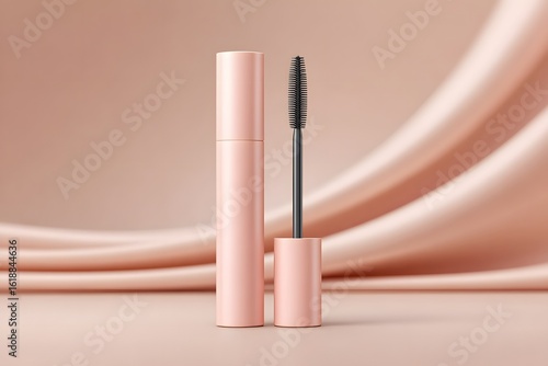 Elegant brush mascara mockup studio setting glossy pink tube minimalist close-up view beauty concept