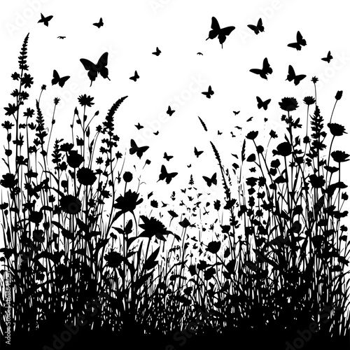 Vector silhouette of a spring meadow filled with blooming wildflowers and fluttering butterflies