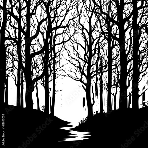 Vector silhouette of an enchanted forest with twisted trees and glowing orbs