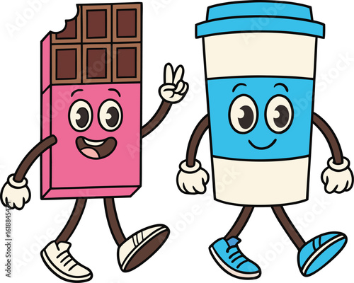 Happy cartoon characters of a chocolate bar and a coffee cup walking together as friends