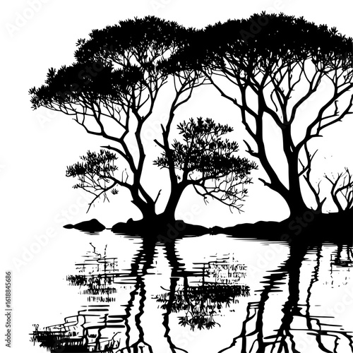 Vector silhouette of mangrove trees reflected in calm tidal waters