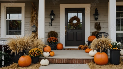 Autumn Front Porch Decor with Pumpkins and Wheat for Thanksgiving