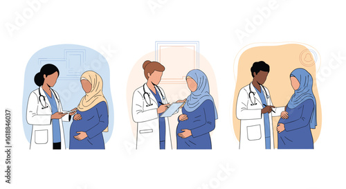 Diverse medical professionals providing care to pregnant women showing cultural inclusivity in healthcare settings