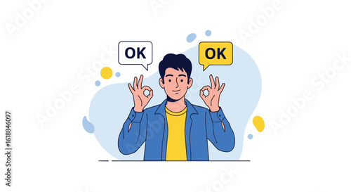 Man expresses satisfaction and approval with gestures and speech bubbles showing ok signs