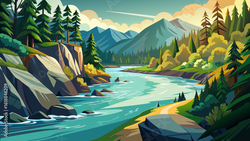 In a view of Nimpkish River on Vancouver Island leading into the ocean; Vancouver Island, British Columbia, Canada, soft light reflects off ripples. Semi-realistic details show nature’s harmony and co