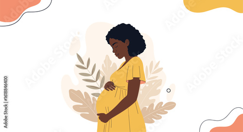 A beautiful pregnant woman of african descent cradles her baby bump with a serene expression surrounded by natural elements