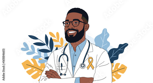 A friendly black doctor wearing glasses and a lab coat with a stethoscope and a yellow ribbon on his chest standing in front of a floral background