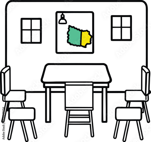 classroom with teacher's table colorful chairs