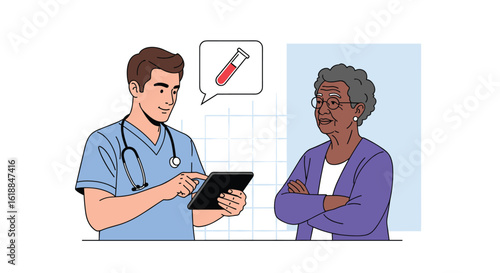A doctor consults with an elderly patient discussing medical results and treatment options using a digital tablet for accurate patient care and health management