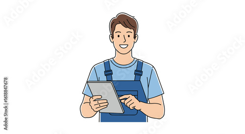 A smiling man in blue overalls holding a digital tablet and standing against a white background with his index finger pointing to the tablet screen