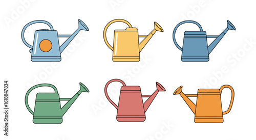 Collection of six vibrant colorful watering cans for garden and plant care essentials