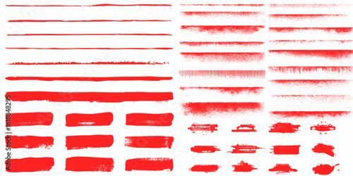 Painted grunge stripes set. Red labels, background, paint texture. Brush strokes vector Red horizontal crayon drawn straight lines