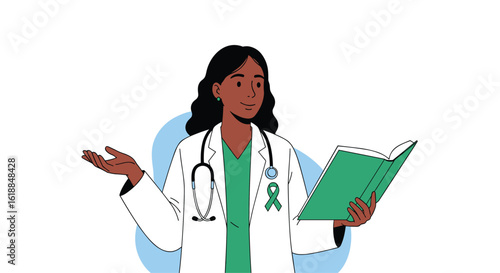 A doctor explains health information from a book to her patients in a professional medical setting