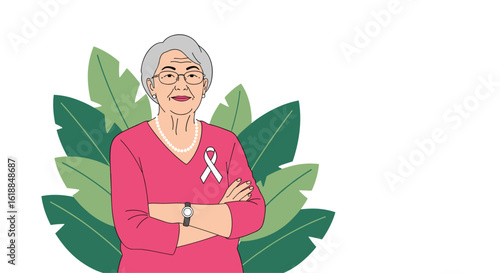 Elderly woman with pink ribbon symbolizing support for breast cancer awareness month celebration