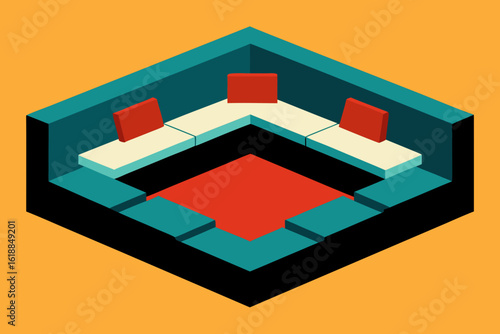 Sunken Living Room or Conversation Pit with Built In Seating Design