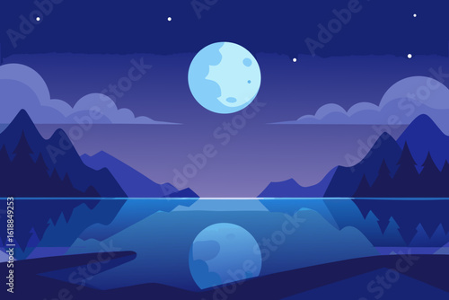 Tranquil Night Landscape Illustration with a Blue Moon and Starry Sky
