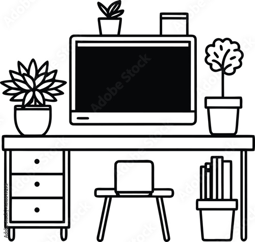 classroom with teacher's table plants and blackboard