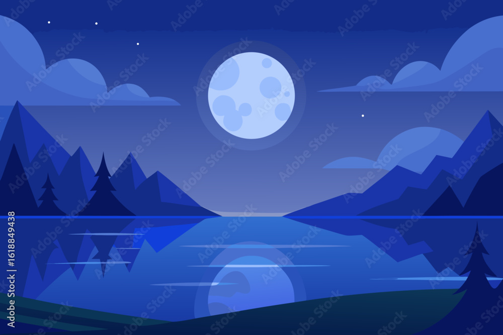 Obraz premium Tranquil Night Landscape Illustration with a Blue Moon and Starry Sky