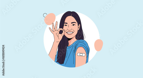 Young girl feeling great after receiving vaccination showing ok gesture with band-aid on arm