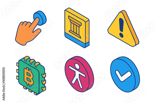 Colorful isometric icons: technology, finance, and accessibility symbols