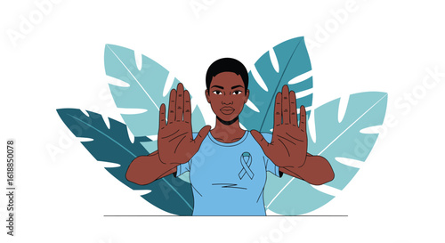 A person with hands raised in a stop gesture surrounded by large tropical leaves indicating a peaceful natural setting