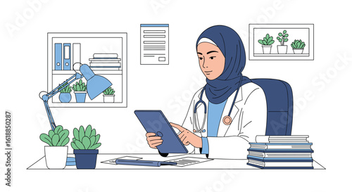 A muslim female doctor wearing a hijab and a stethoscope is reviewing medical records on a tablet in her office surrounded by plants and books