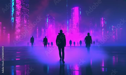 Wallpaper Mural Silhouettes walk futuristic city neon night Torontodigital.ca